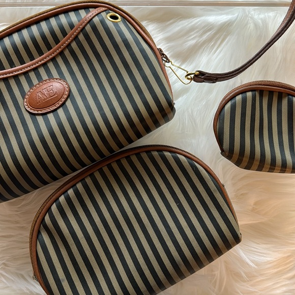 Set‎ of 3 Matching Vintage Allen Edward Purse Makeup Change Brown Stripped - Picture 5 of 9